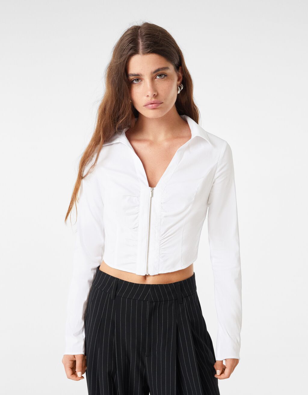 Long sleeve fitted poplin shirt with zip