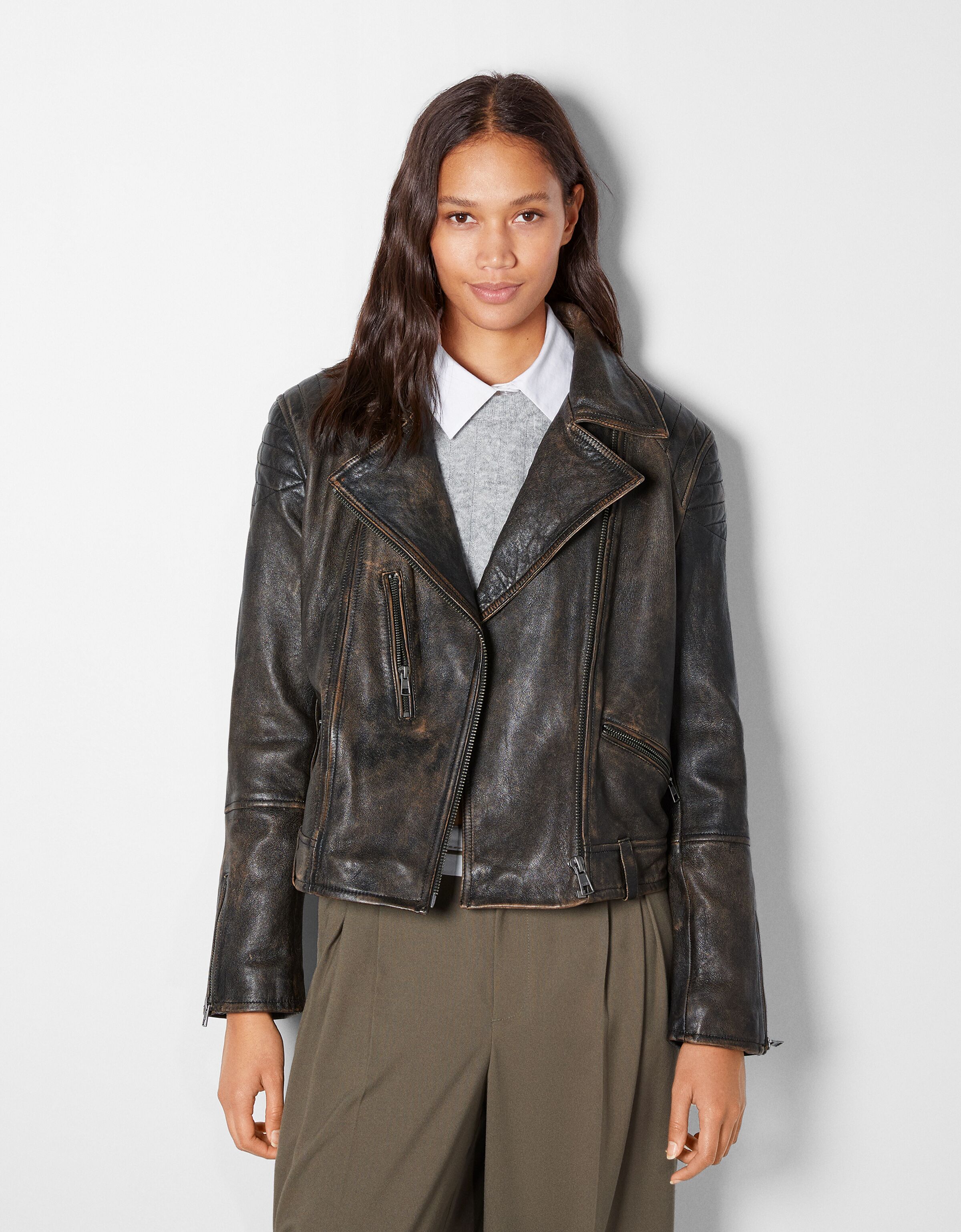 Faded leather biker jacket - Leather 