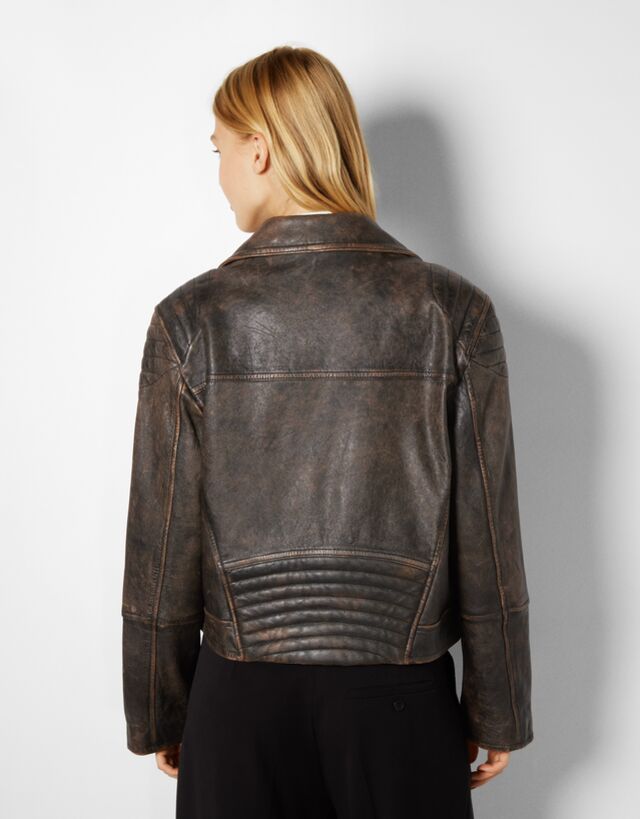 Distressed leather biker jacket