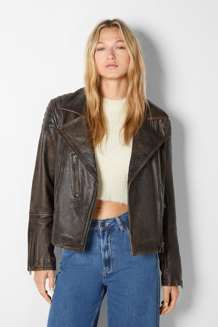 Faded leather biker jacket