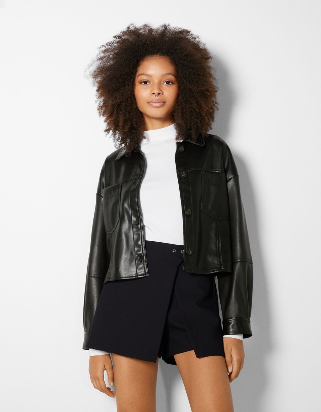 Cropped faux leather overshirt