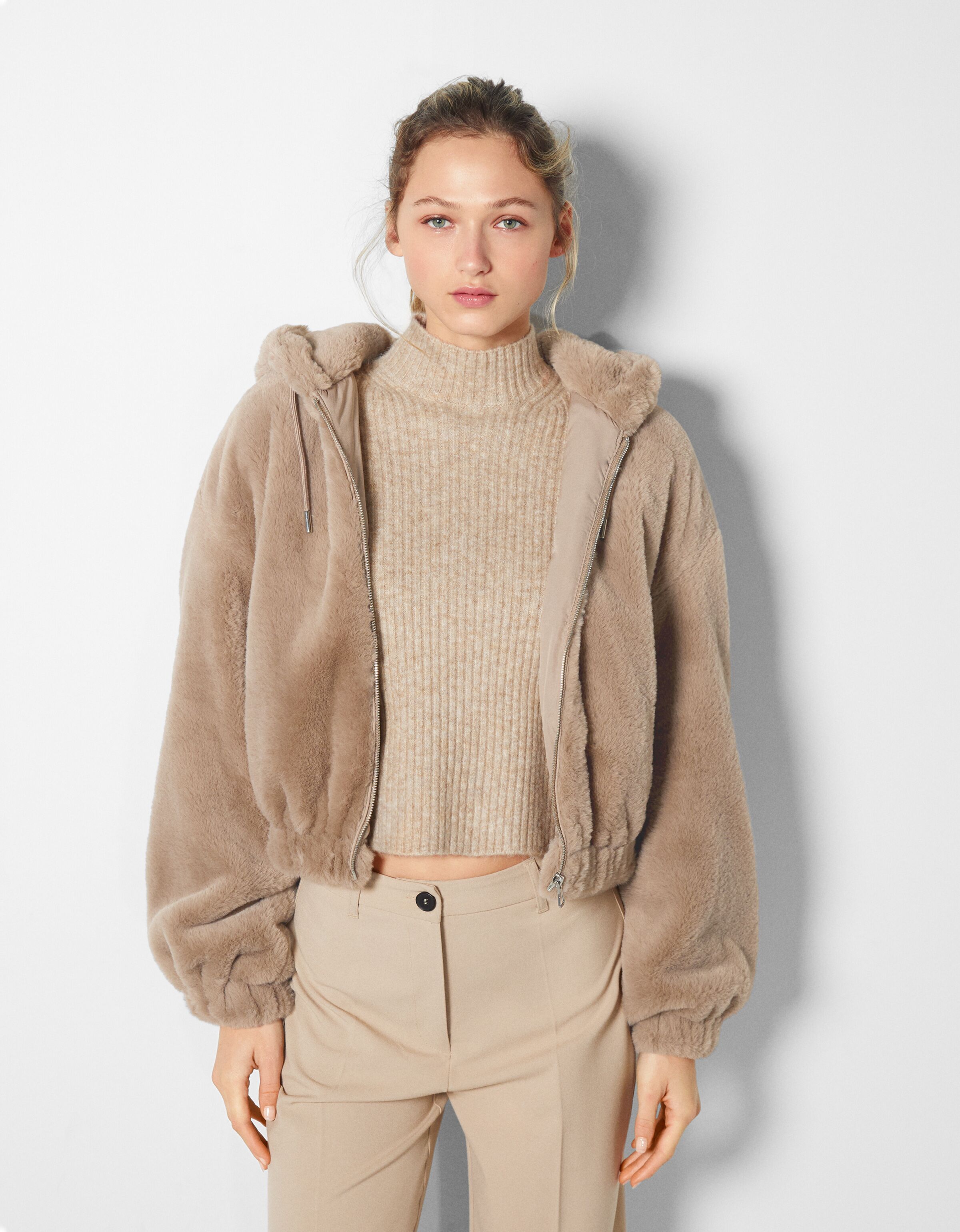 bershka brown teddy coat