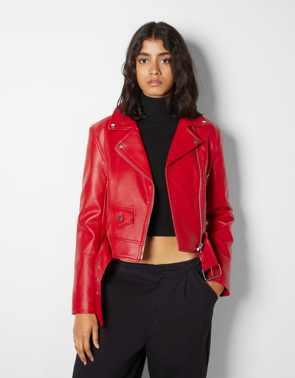 Belted faux leather biker jacket - Jackets - Woman