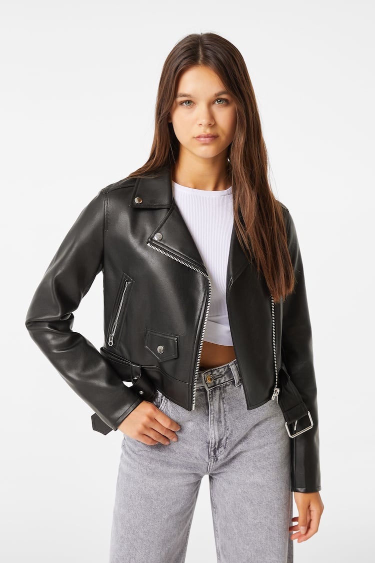 Belted faux leather biker jacket