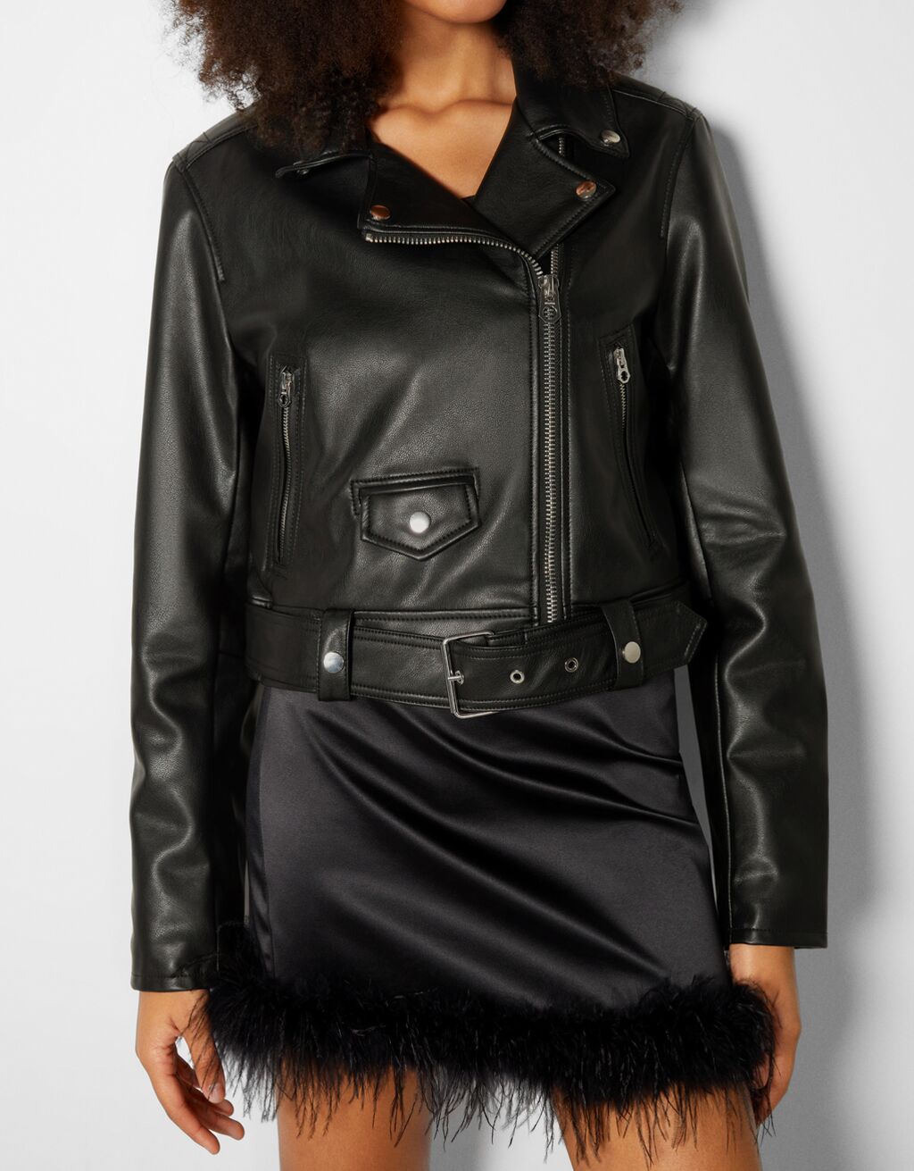 Belted faux leather biker jacket Woman Bershka