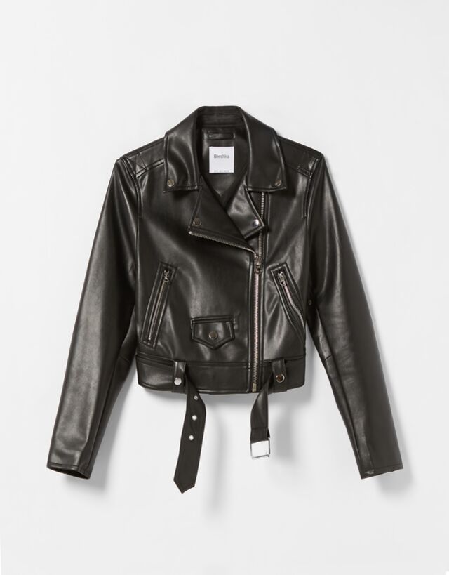 Bershka Oversized Faux Leather Biker Jacket in Black Save 22% Womens Clothing Jackets Leather jackets 