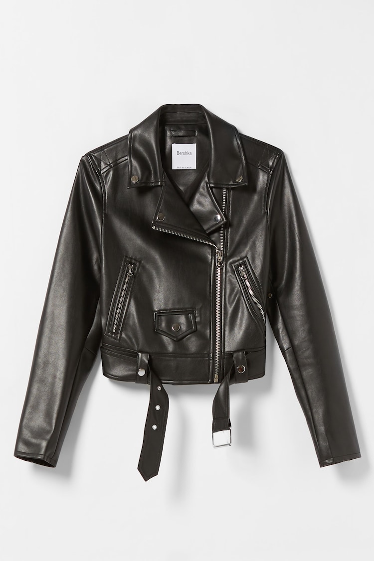 Belted faux leather biker jacket