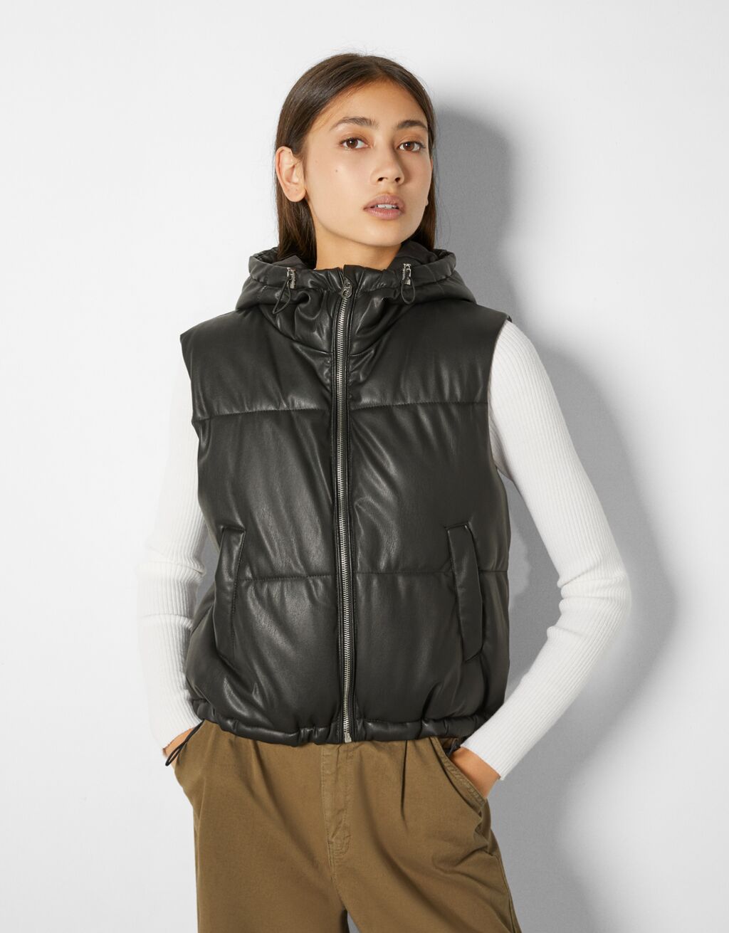 Faux leather gilet with hood