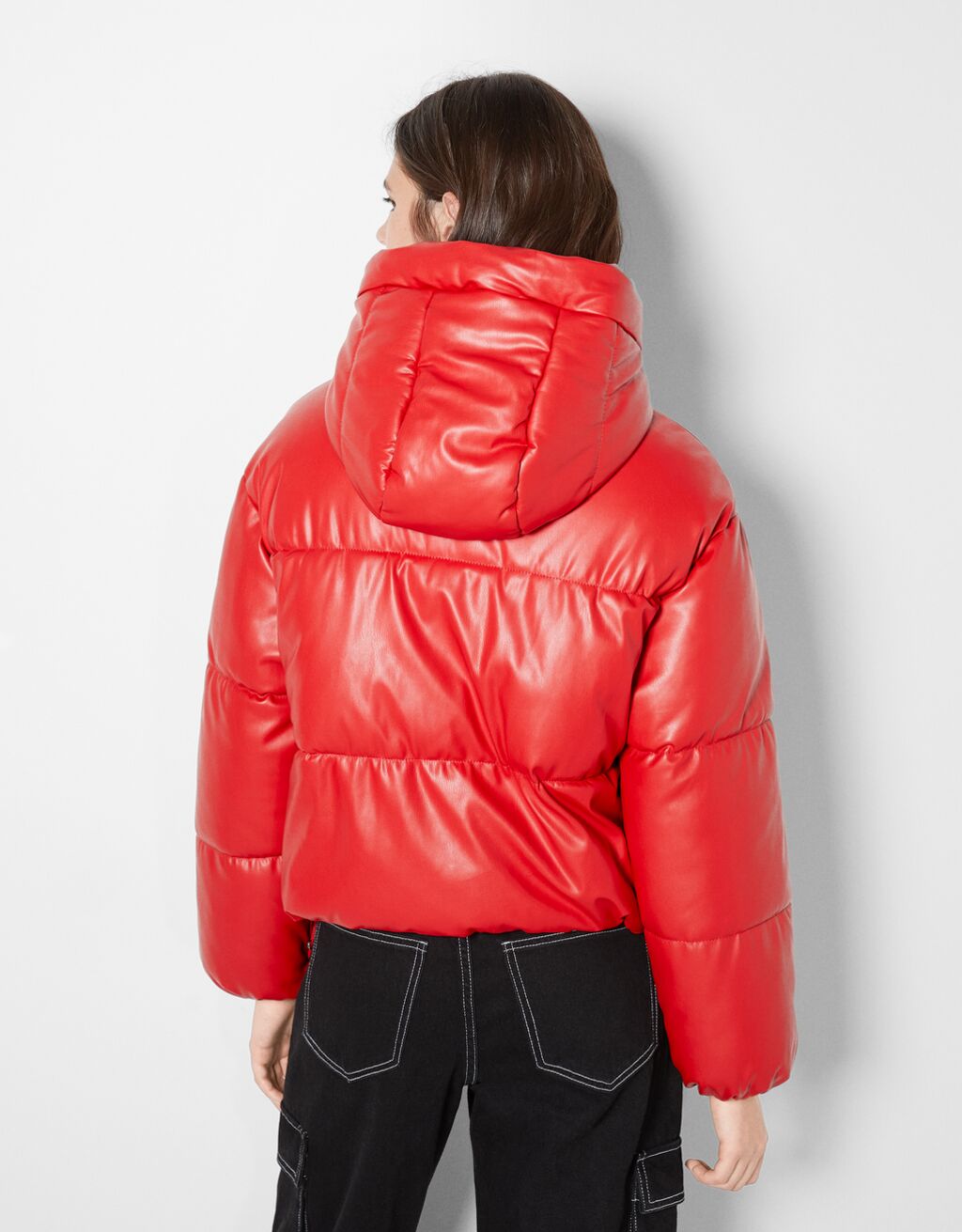 Faux leather puffer jacket with hood