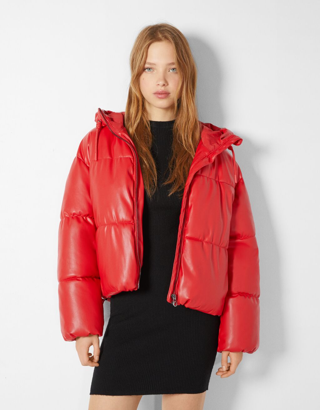 Faux leather puffer jacket with hood