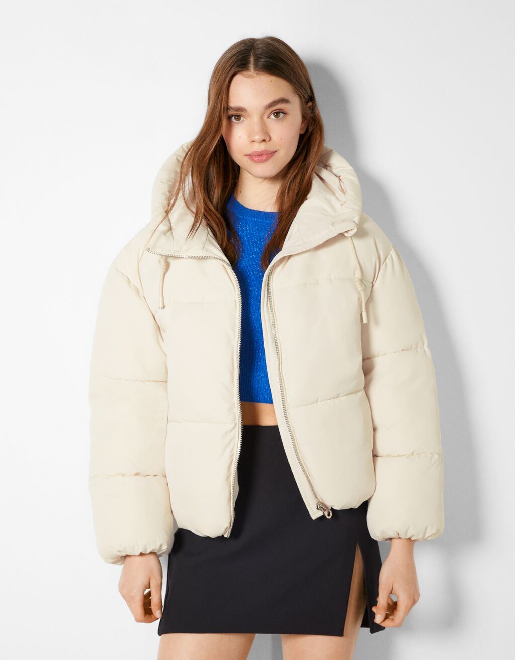 Faux leather puffer jacket with hood 