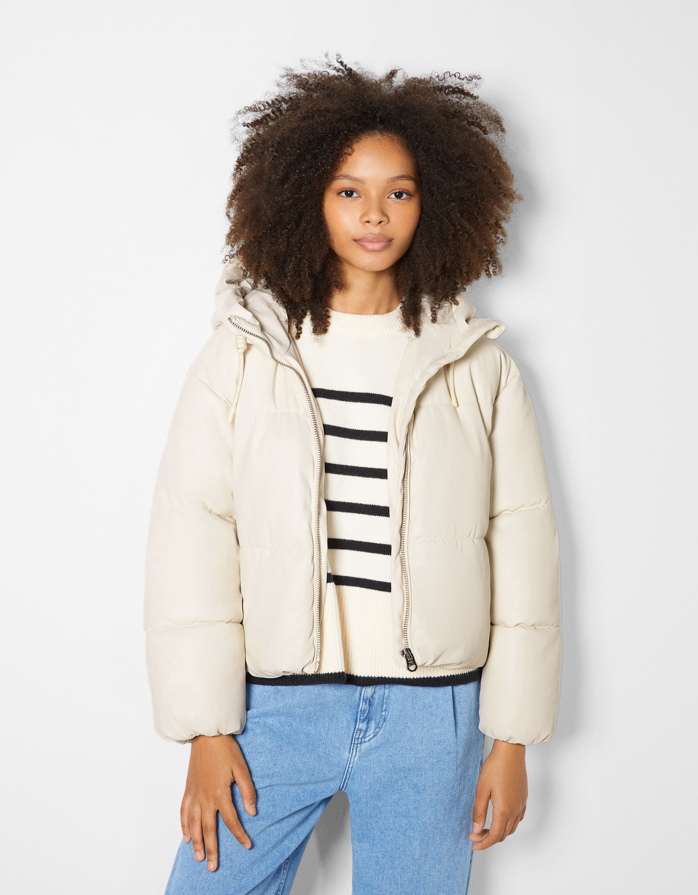 Faux leather puffer jacket with hood 