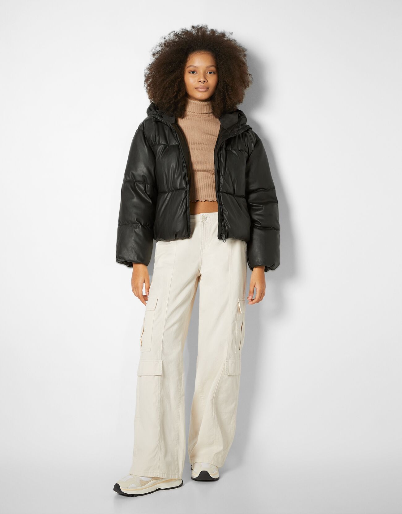 Faux leather puffer jacket with hood 