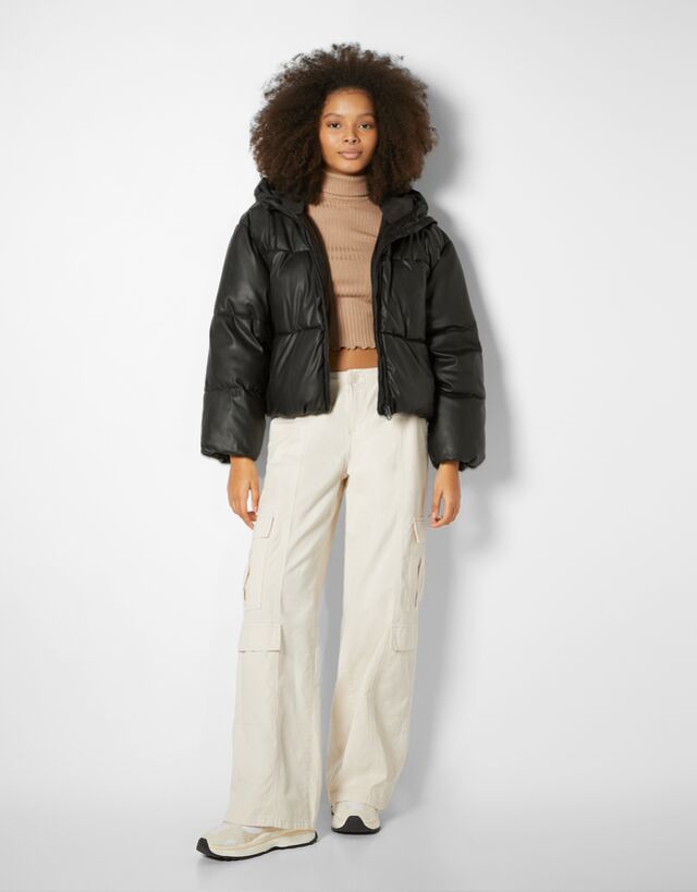 Faux leather puffer jacket with hood 