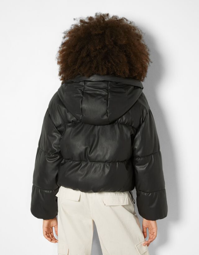 Faux leather puffer jacket with hood 