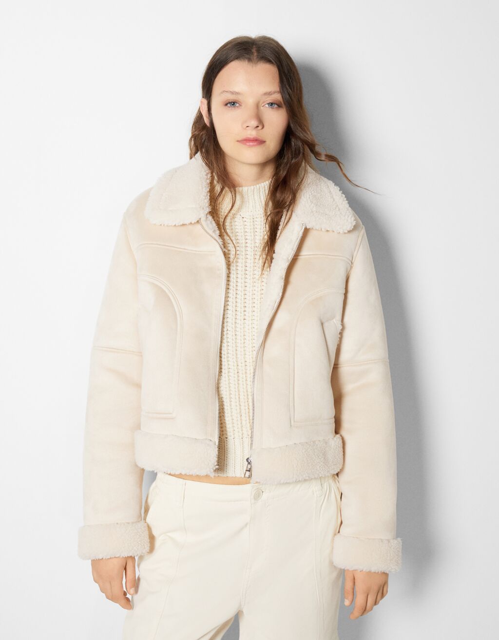 Doublefaced cropped faux suede biker jacket Woman Bershka