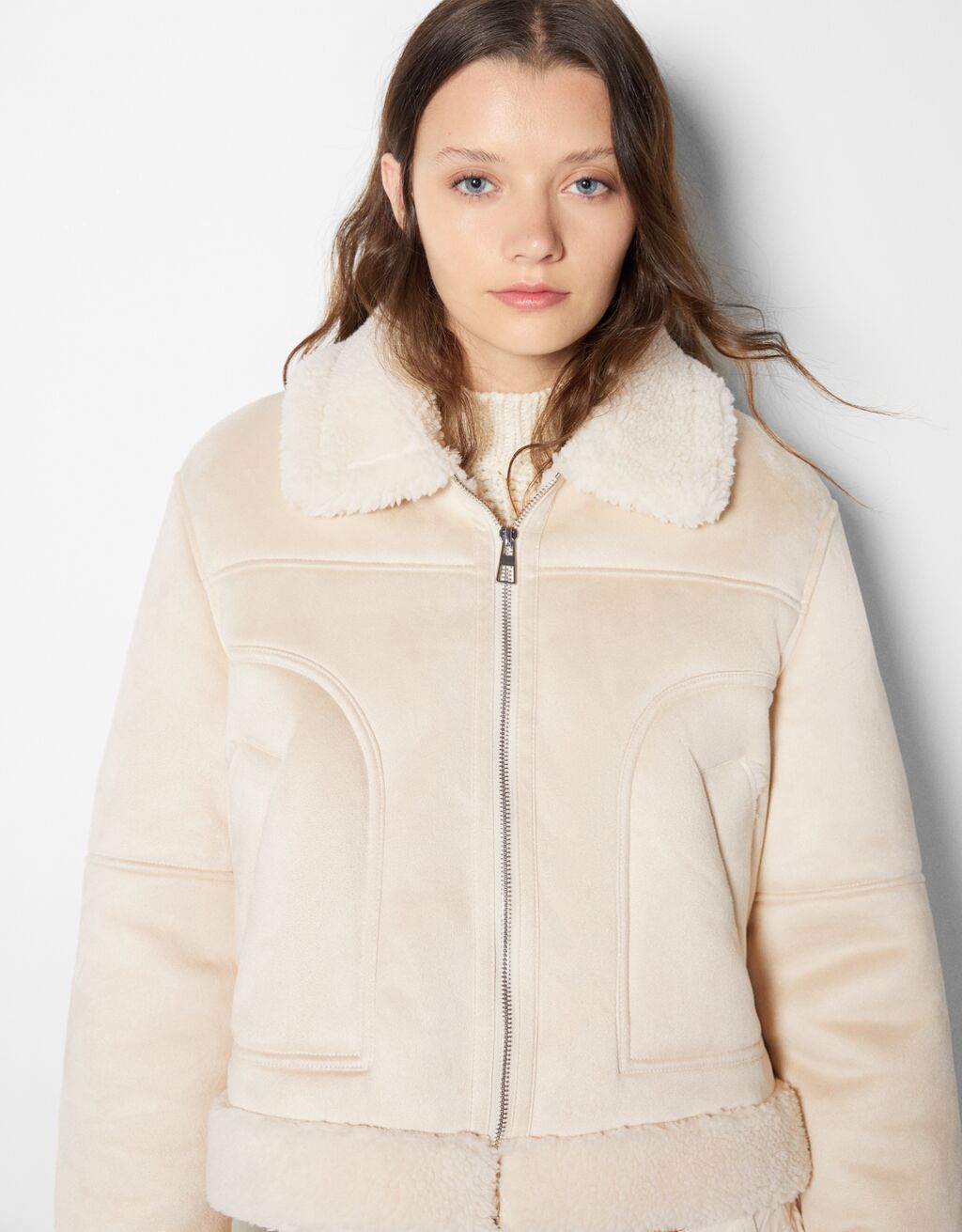 Doublefaced cropped faux suede biker jacket Woman Bershka