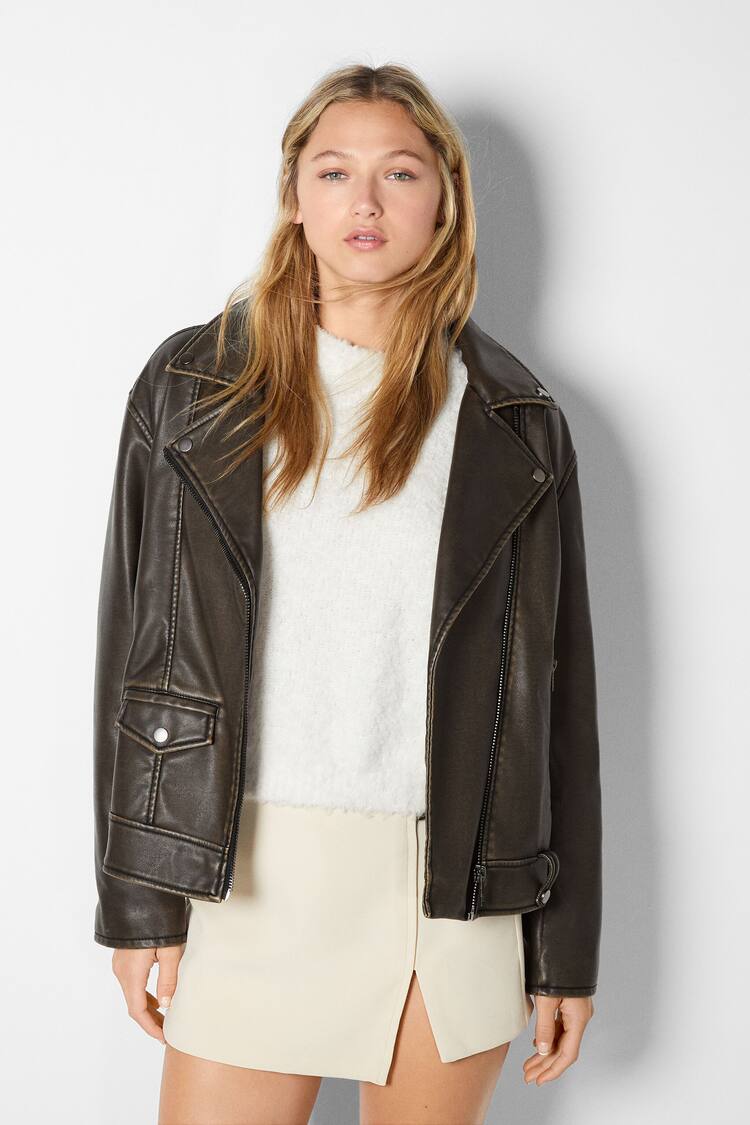 Faux leather double-faced cropped biker jacket