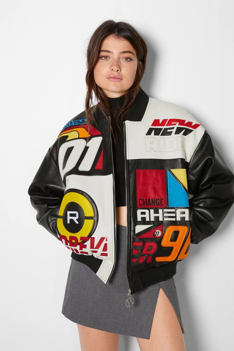 Faux leather bomber jacket with racing patches