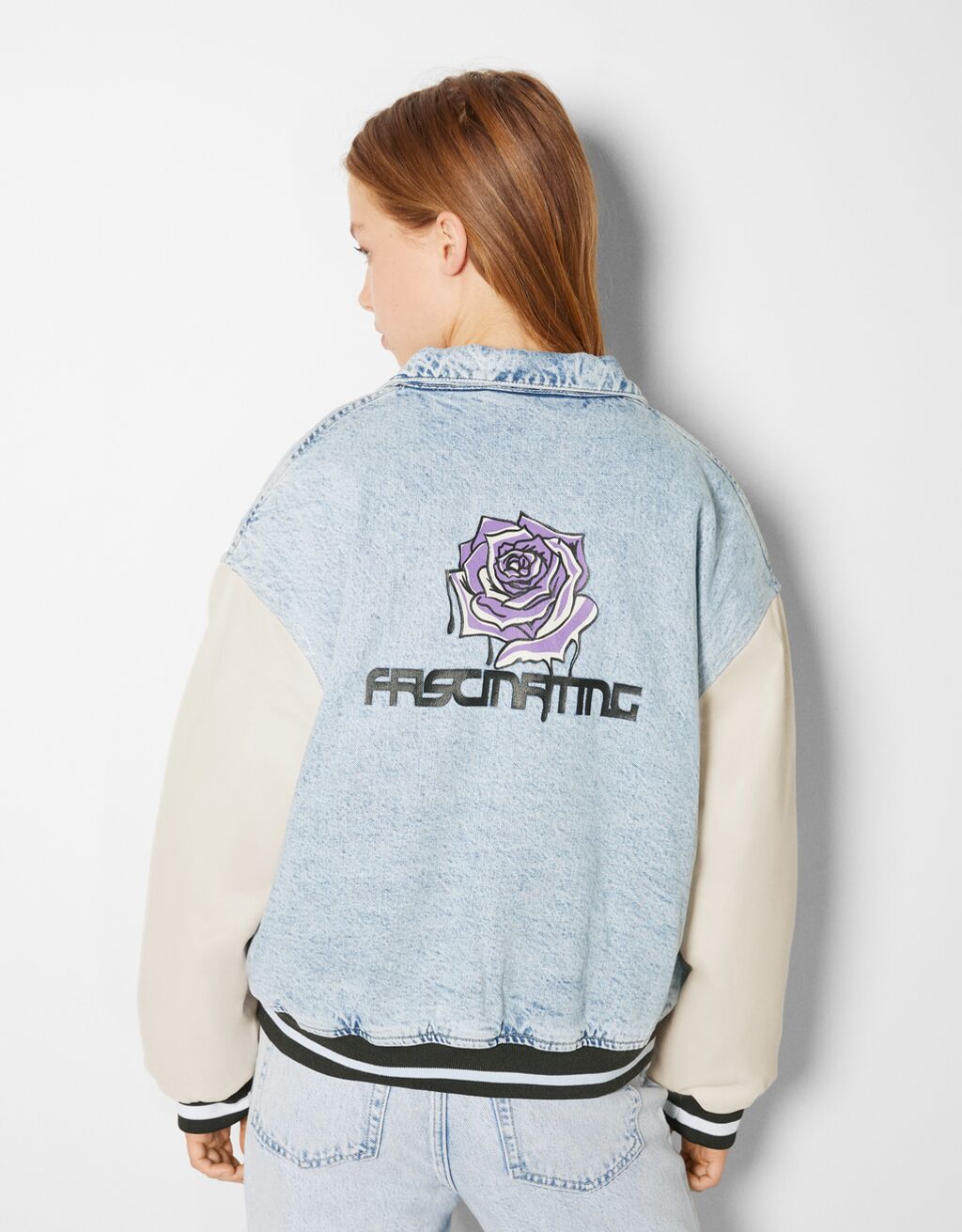 Varsity bomber jacket with faux leather sleeves Woman Bershka