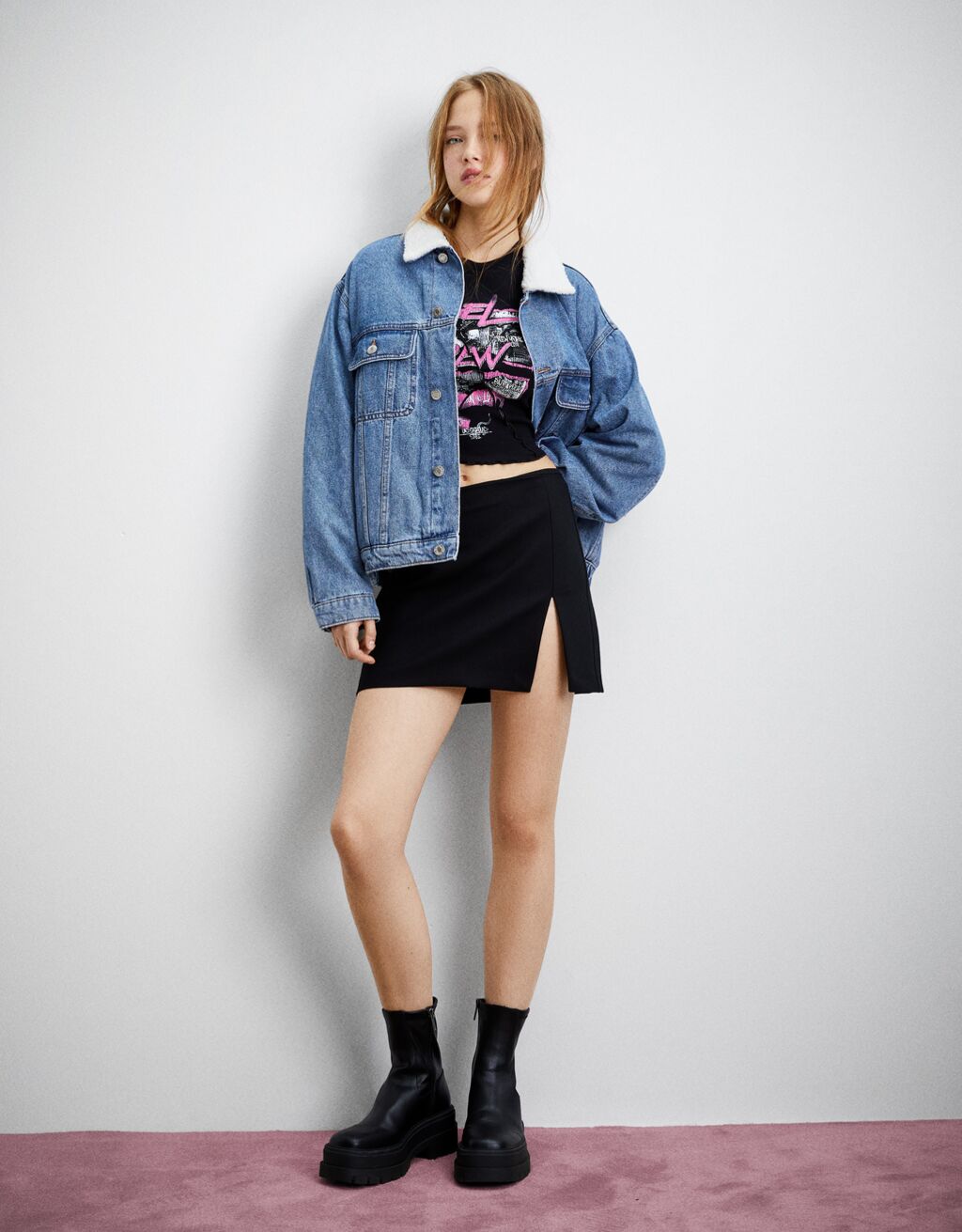 Denim bomber jacket with faux shearling