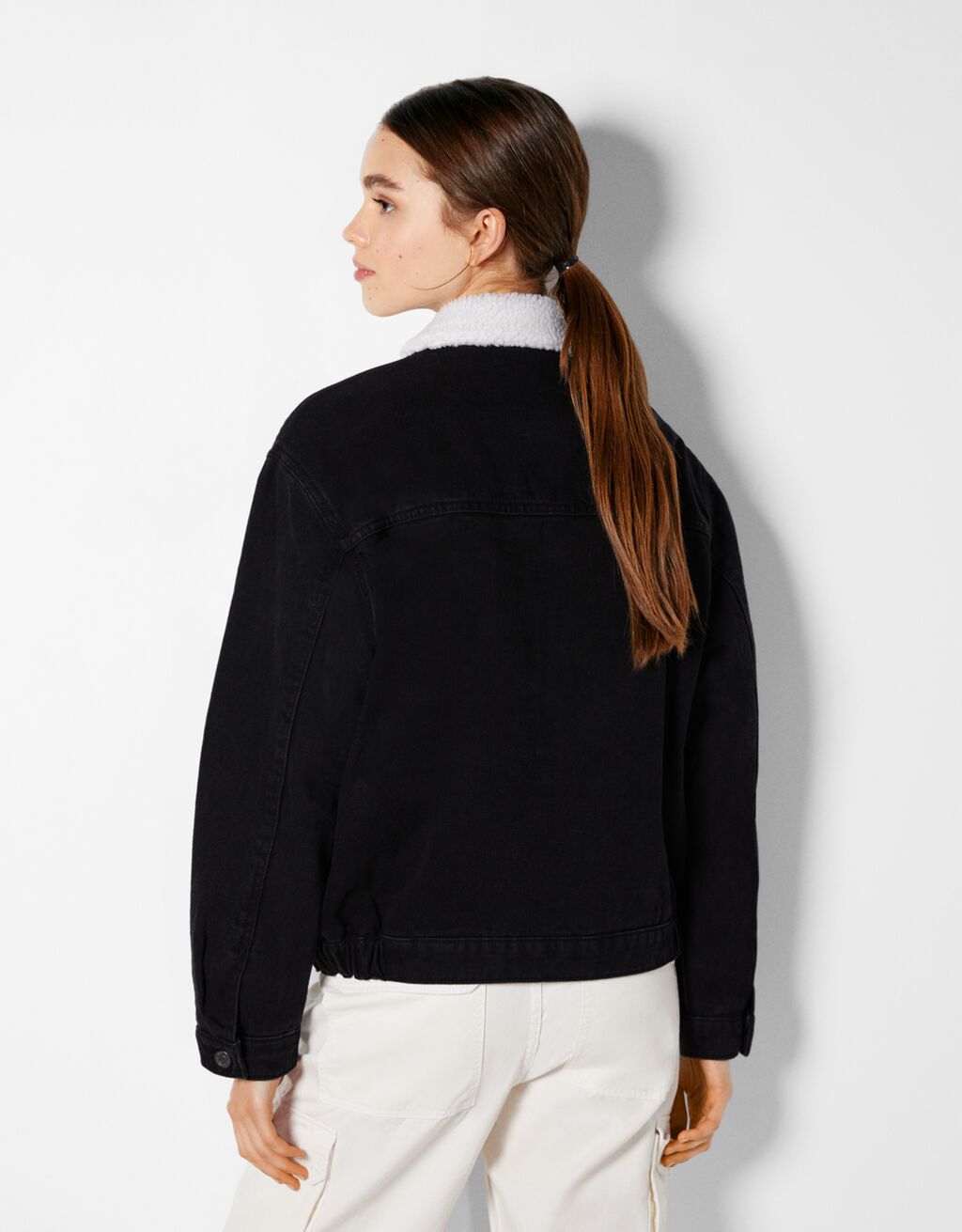 Denim bomber jacket with faux shearling Woman Bershka