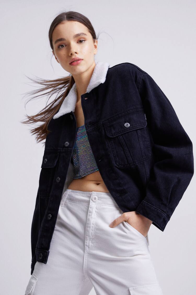 Denim bomber jacket with faux shearling