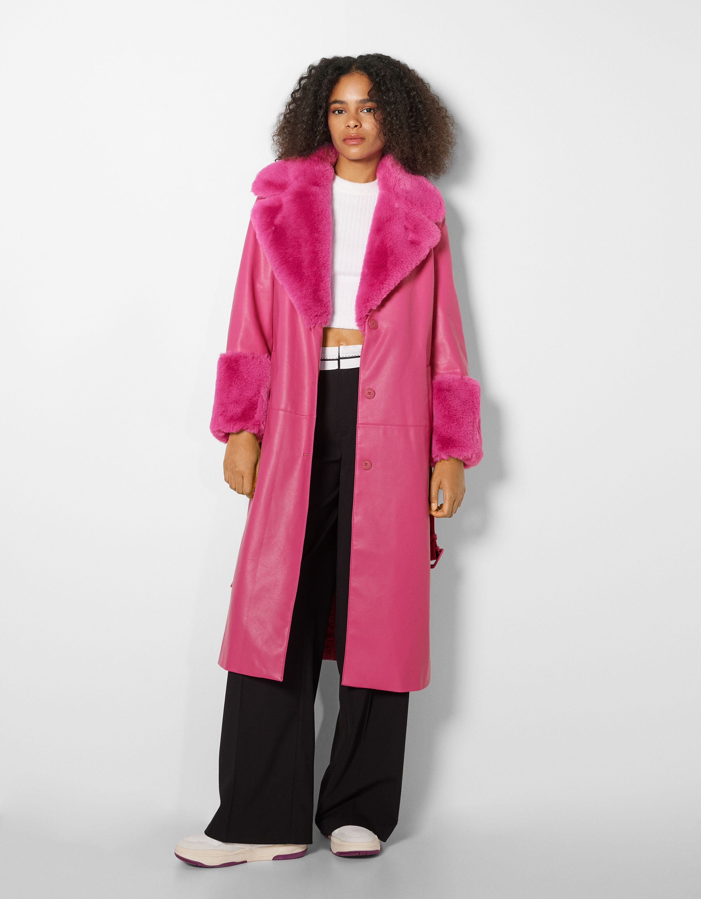 Long faux leather coat with faux fur 