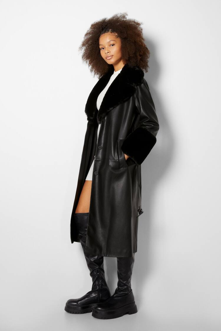 Long faux leather coat with faux fur details