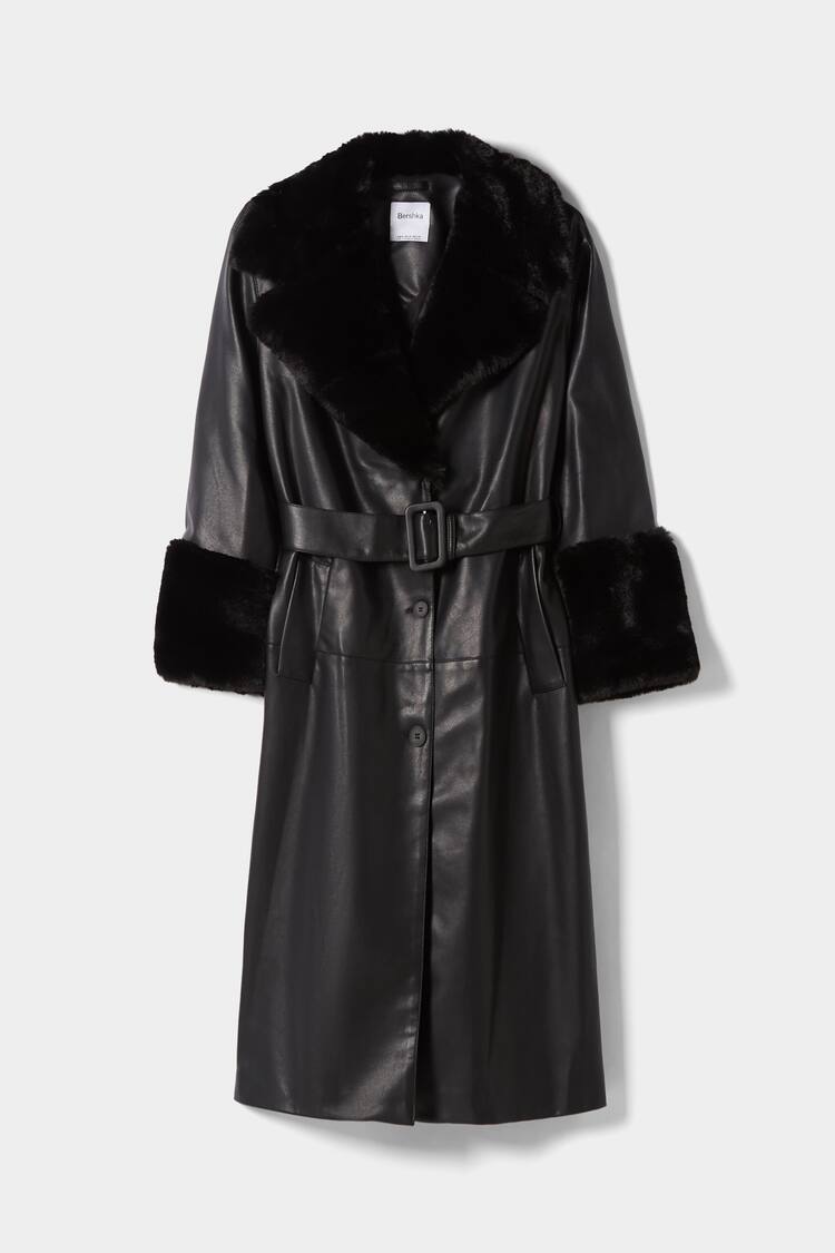 Long faux leather coat with faux fur details