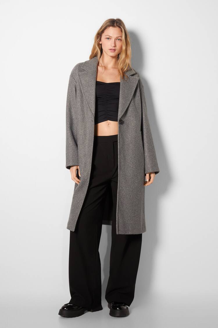 Drop-shoulder synthetic wool coat