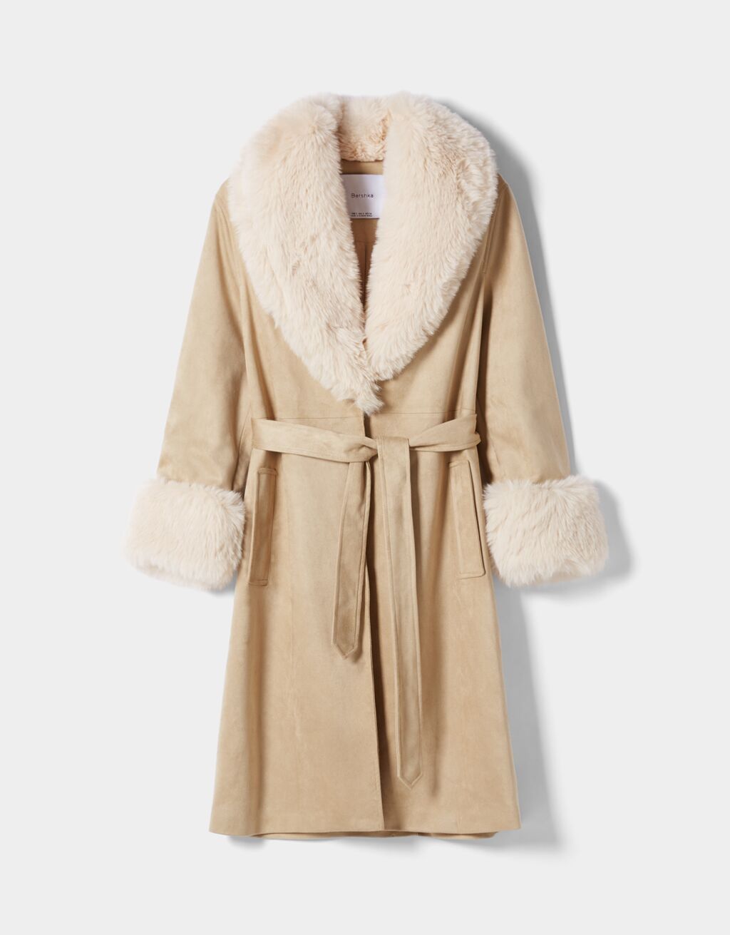 Long faux suede coat with faux fur detail