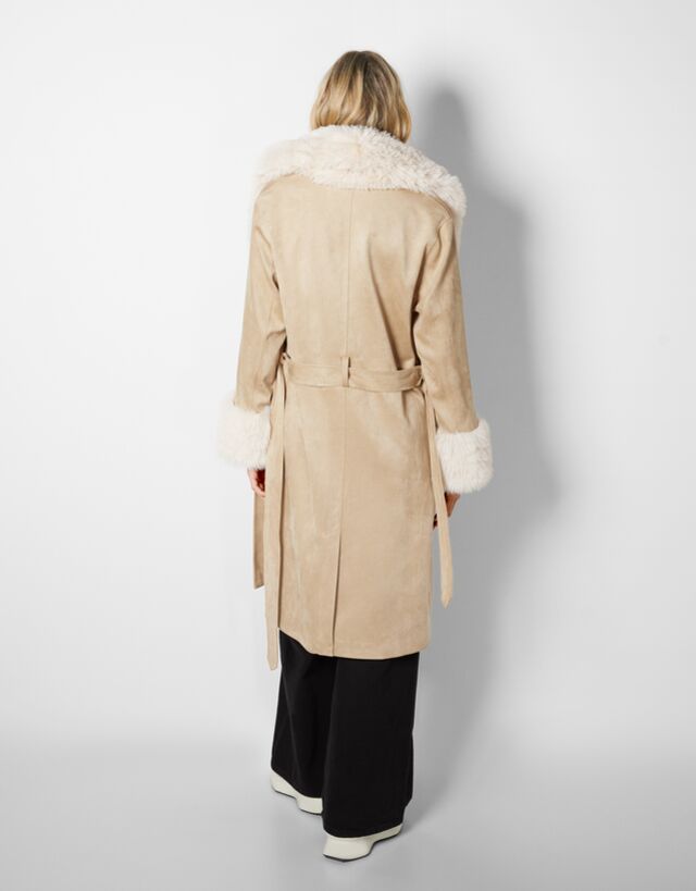 faux suede coat with faux fur detail 