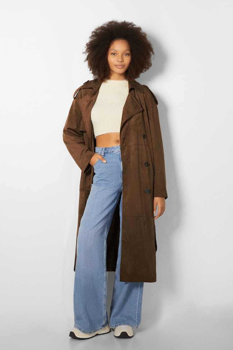 Long faux suede trench coat