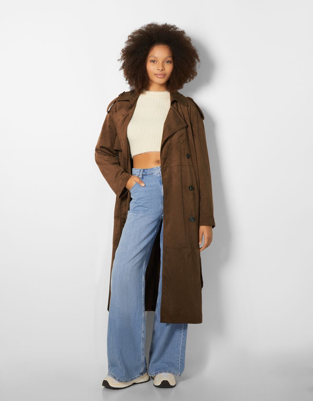 Long faux suede trench coat