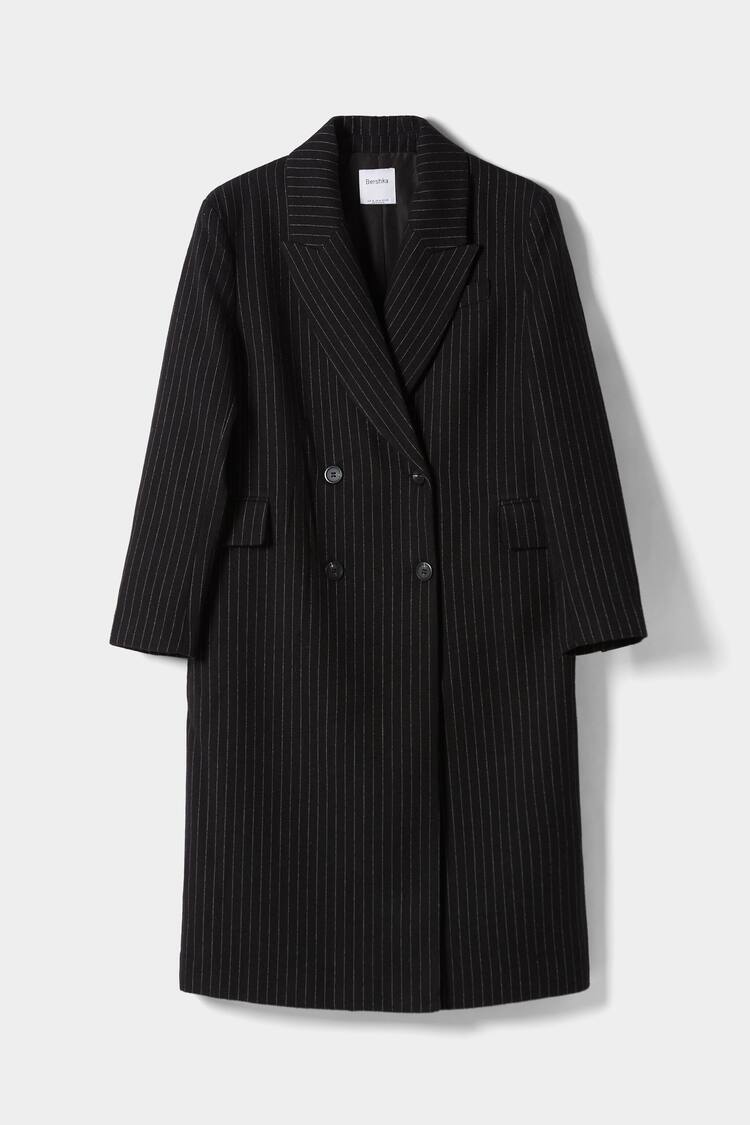 Pinstriped wool coat with a masculine cut