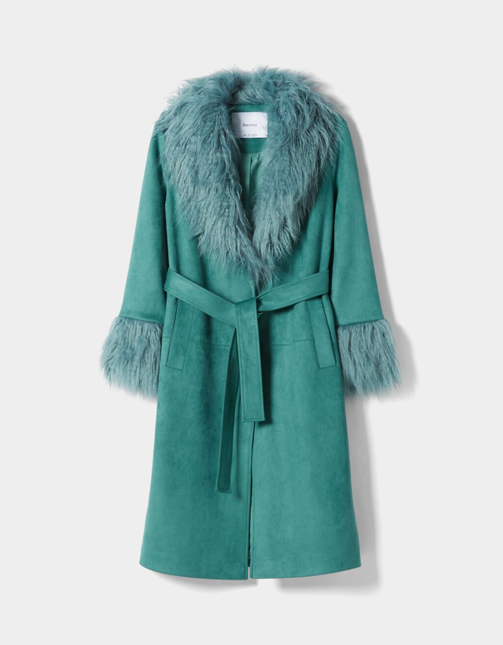 Long faux suede coat with faux fur detail