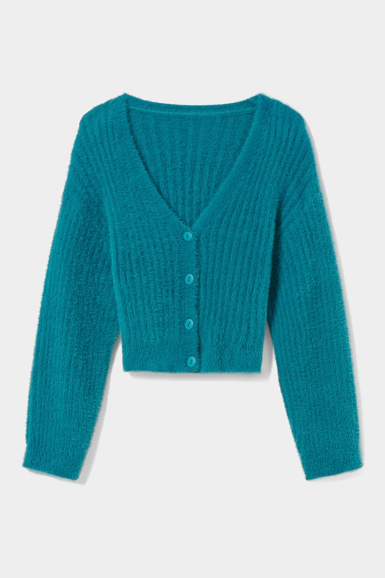 Fuzzy knit V-neck cardigan