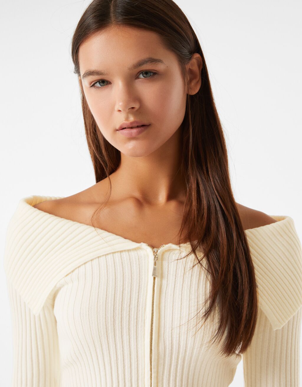 Zip-up cardigan with Bardot collar