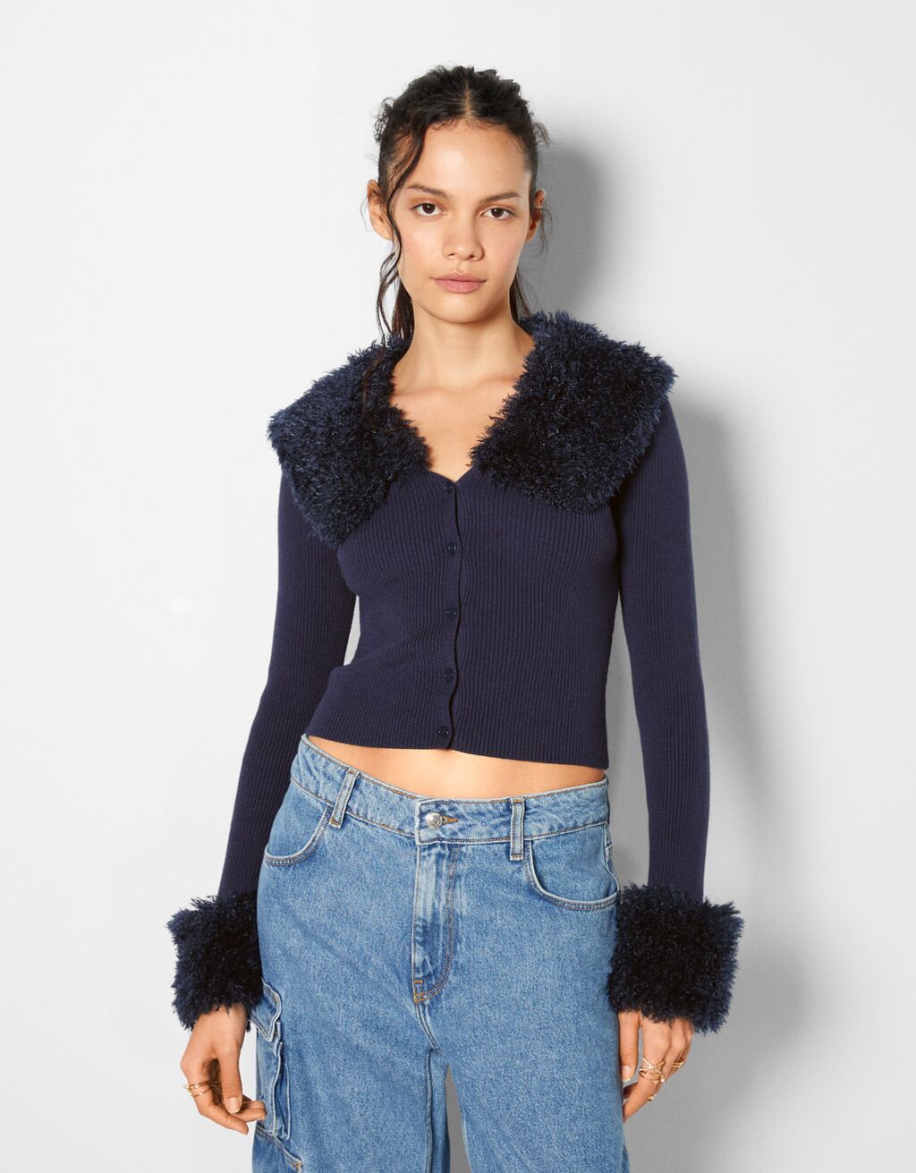 Cardigan with faux fur cuffs and collar