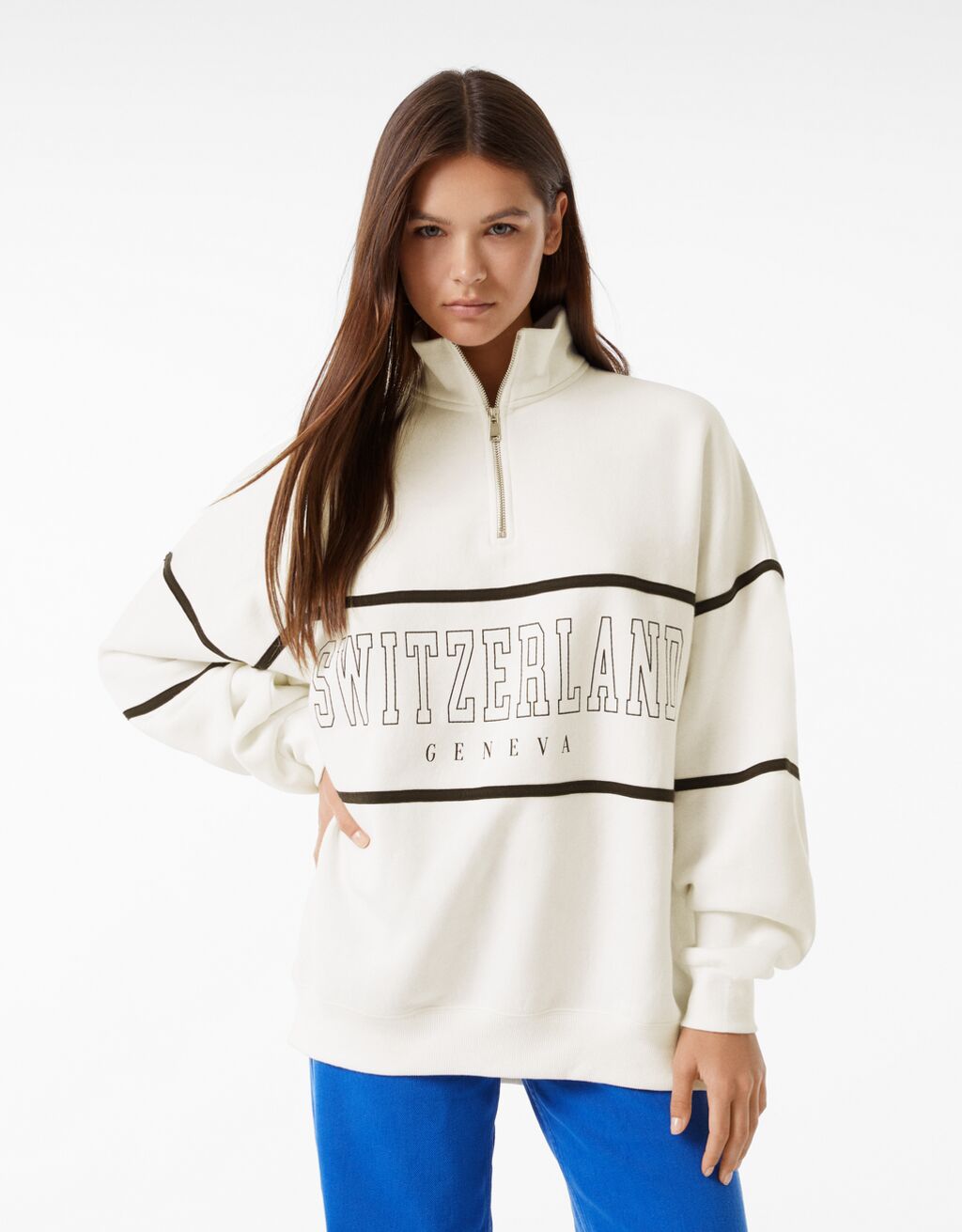Sweatshirt mit Rollkragen, Reißverschluss und Print