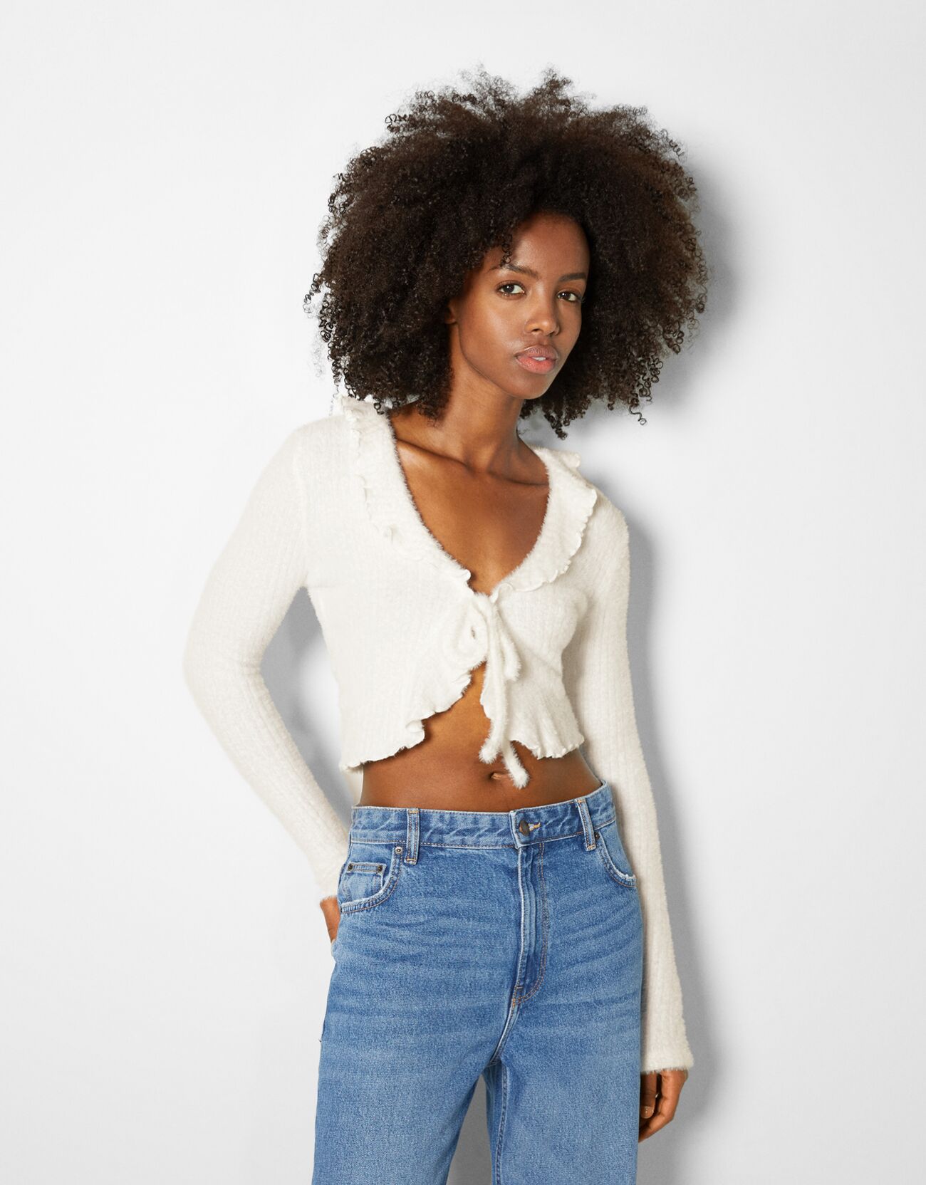 Fuzzy sweater with tie detail 