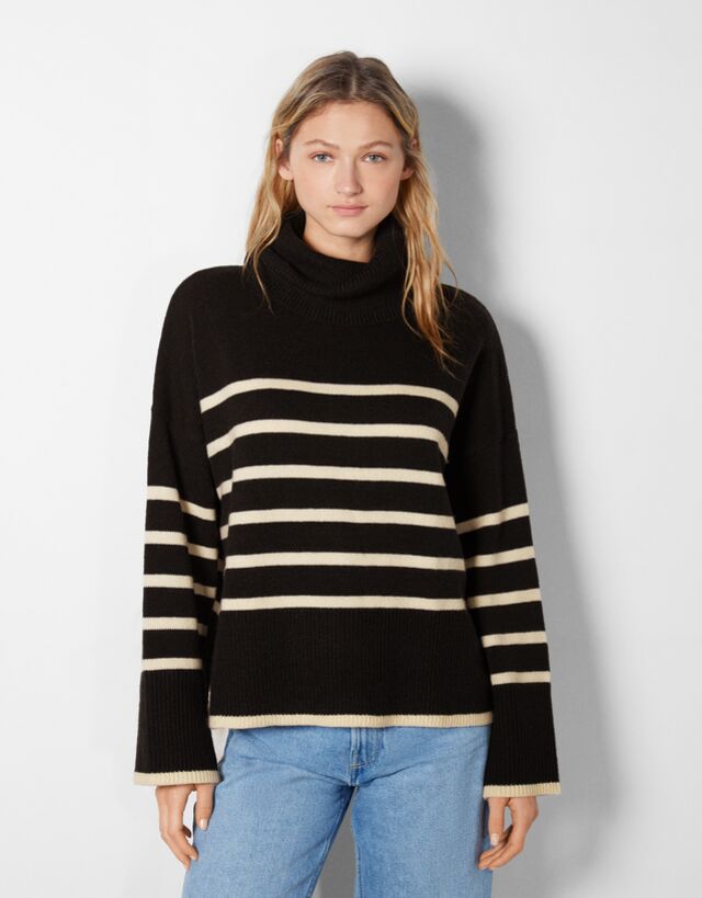 Oversize striped high neck sweater 