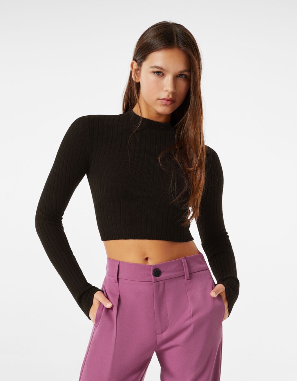 Cropped ribbed high neck sweater with cut-out back