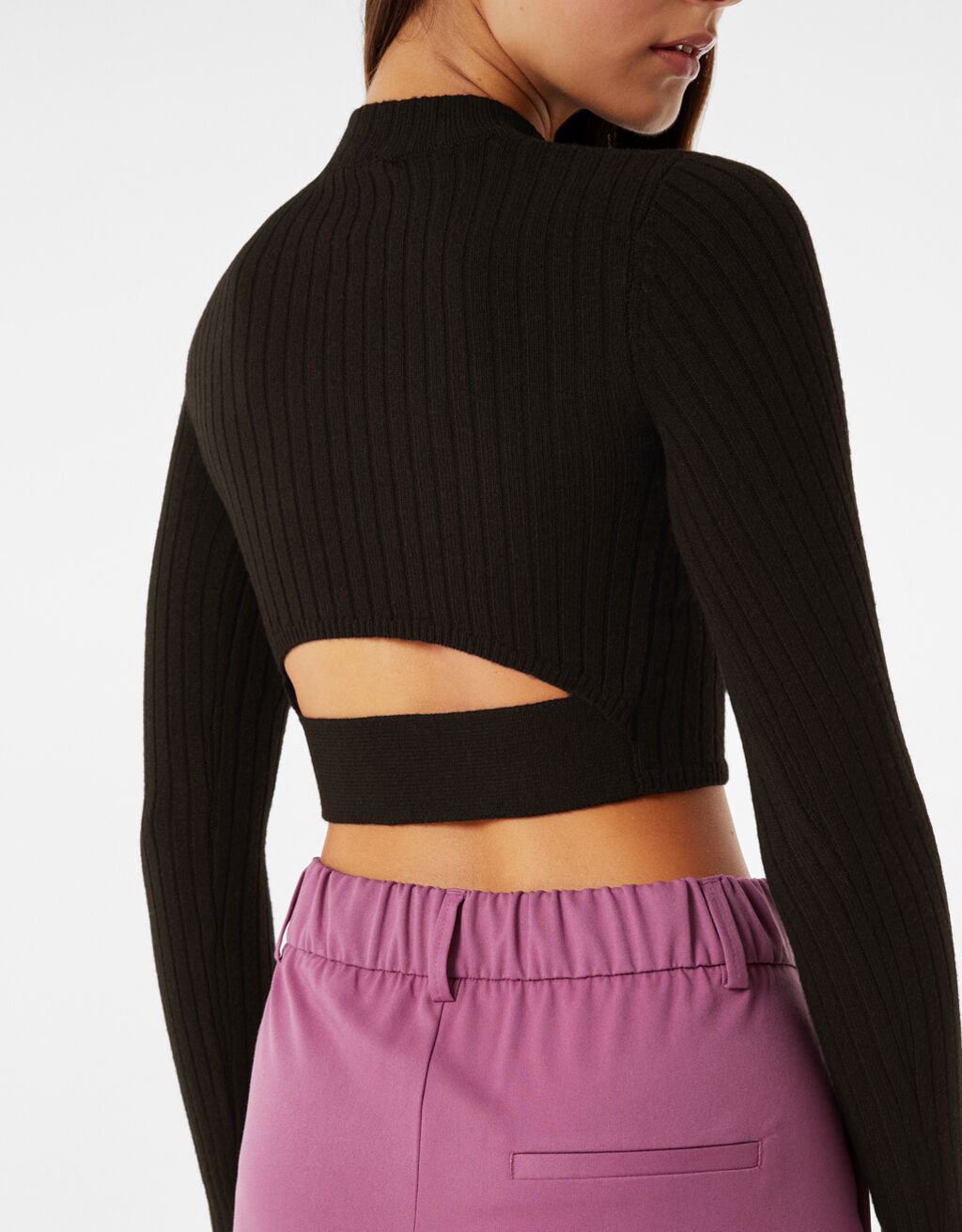 Cropped ribbed high neck sweater with cut-out back