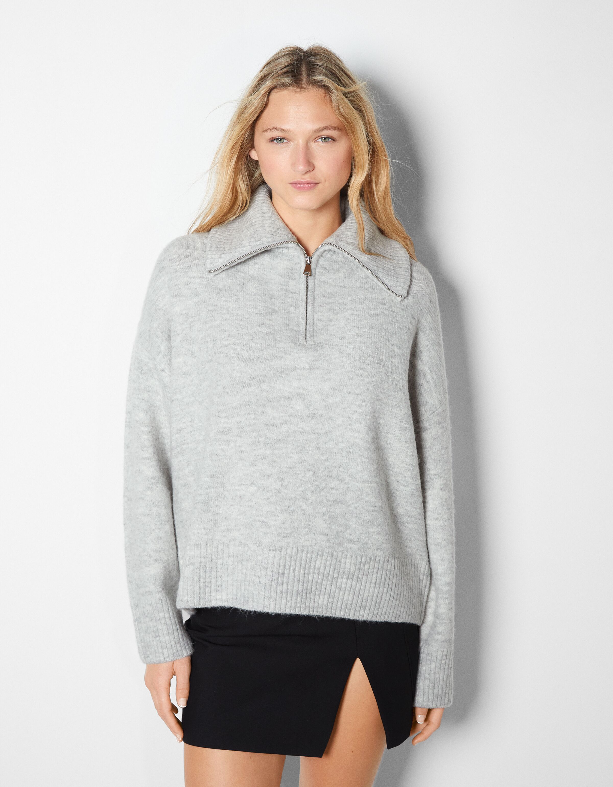 Womens Clothing Jumpers and knitwear Zipped sweaters Grey New Look Synthetic Zip Through High Neck Jumper in Grey 
