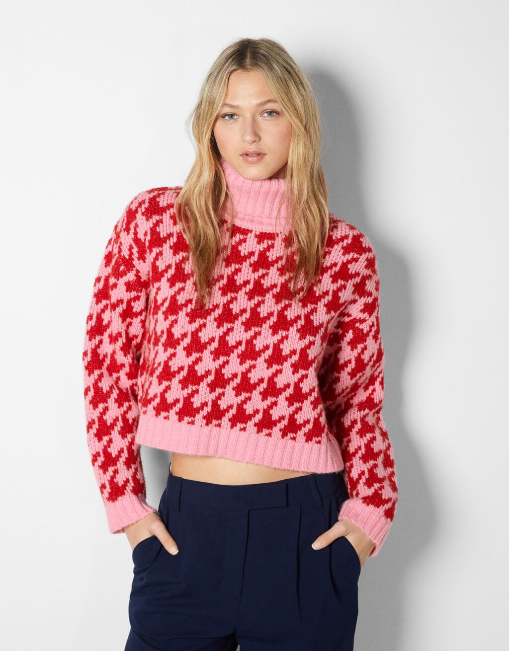 Houndstooth high neck sweater