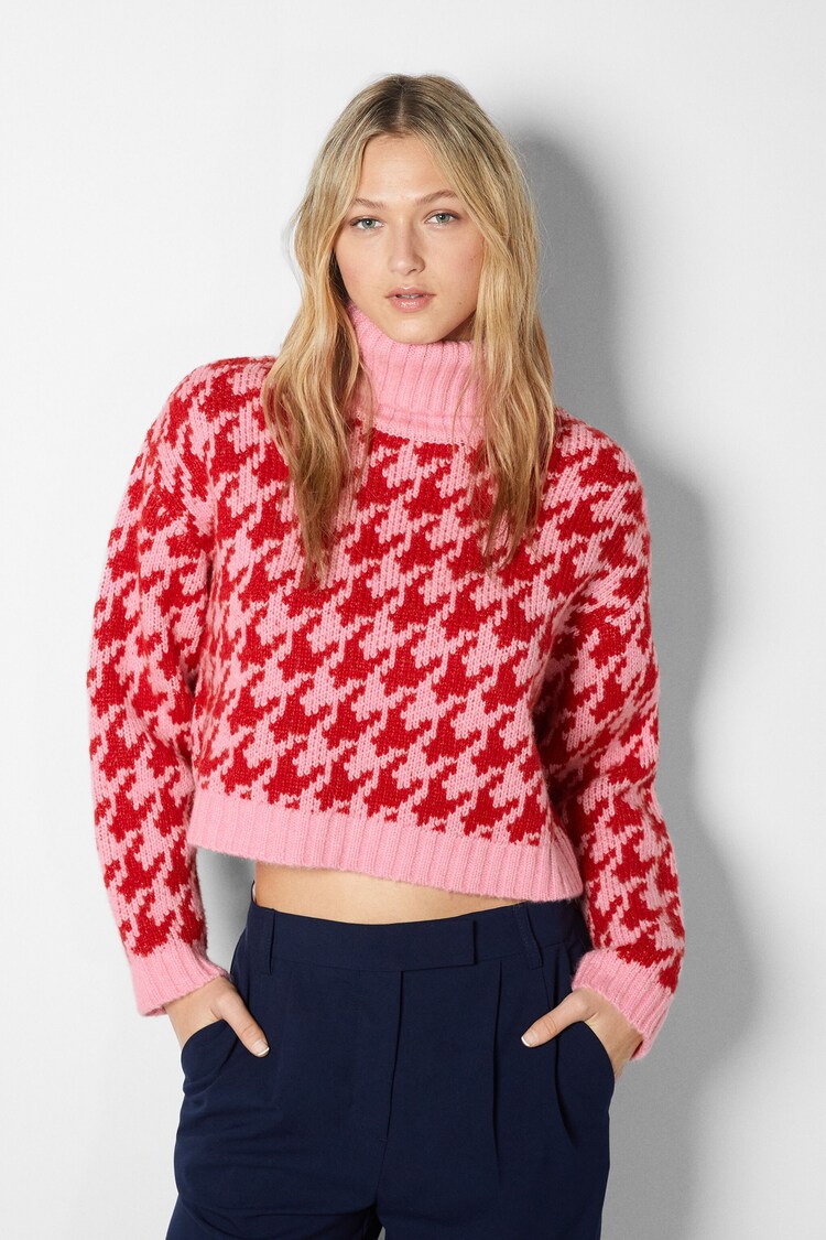 Houndstooth high neck sweater