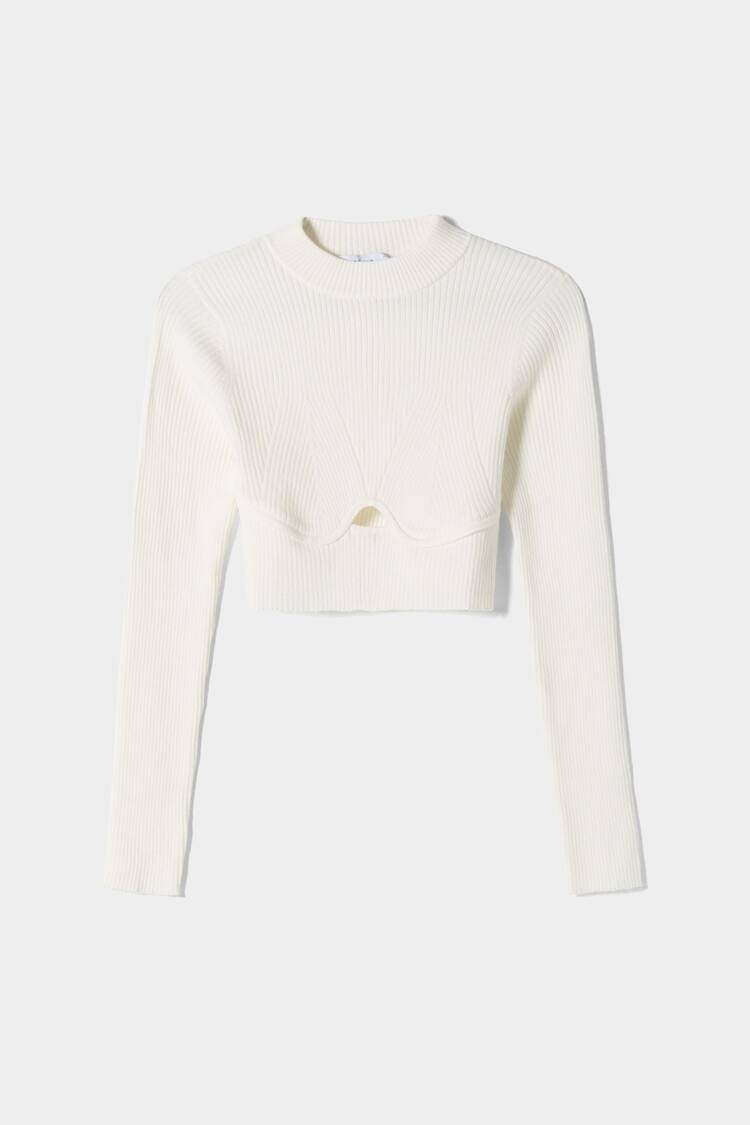 Ribbed cropped sweater with neckline detail