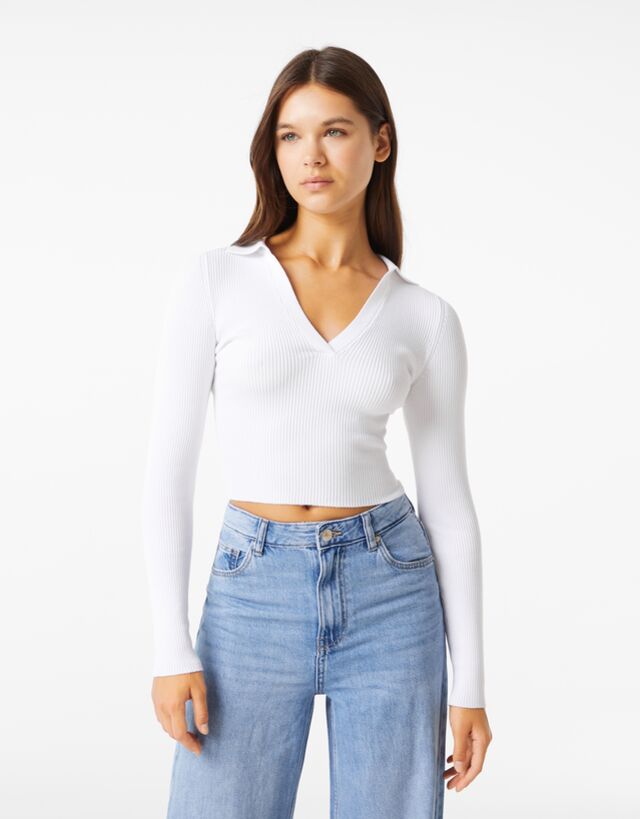 Ribbed sweater with polo collar - Woman 